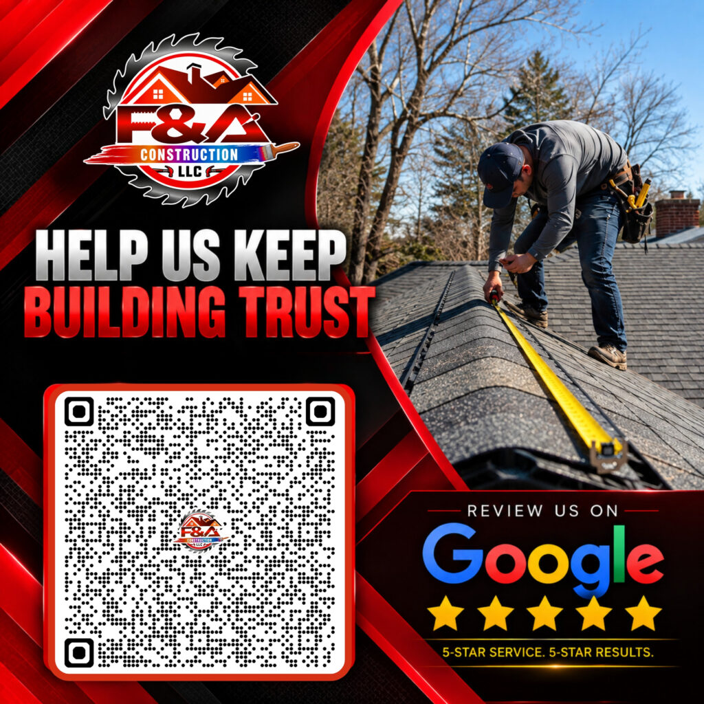 Scan to leave a Google review for F&A Construction – siding, roofing and deck contractor in Shallotte, NC